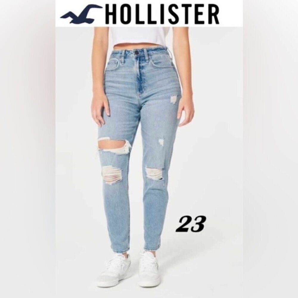 Hollister-Curvy High-Rise Ripped Mom Jeans-Light Medium Ripped Wash-00R/24W. NWT